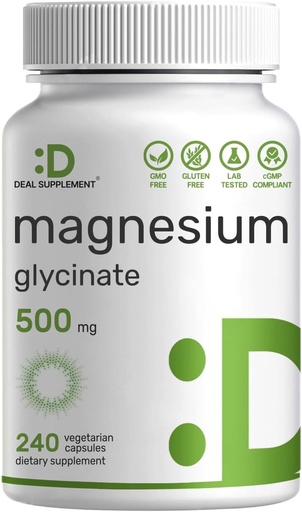 [BRSRMGI3OR5GCAIV] Magnesium Glycinate 500mg, 240 Veggie Capsules | 100% Chelated for easy Absorption , Essential Mineral supplement for Muscle, sleep, " Heart Health*