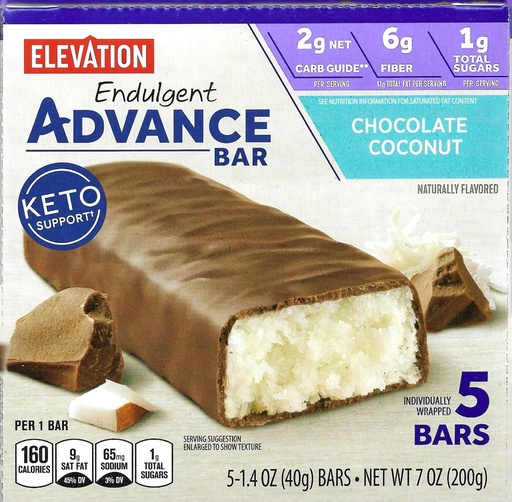[BRSROGI7OIBRUDTZ] Millville Elevation Advance Chocolate Coconut Bars, Carb Conscious, 5g Protein, with Recipes. One box of 5, 1.4oz Individually Wrapped Bars. Bundle Includes 2 Recipes, 5 bars.
