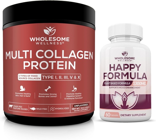 [BRSRAY3YO4FWMDTU] Wholesome Wellness Multi Collagen Protein Powder Hydrolyzed (Type I II III V X) Happy Formula Natural Stress Formula Relief Supplement Bundle