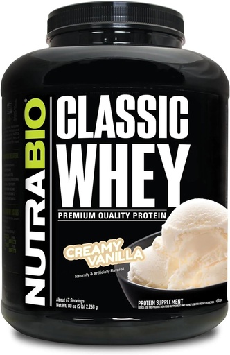 [BRSWIEA2BMCB4YLY] NutraBio Classic Whey Protein Powder - 25G białka Per Scoop - Full- Spectrum Acid Profile - No Fillers, Sztuczne kolory, Środki konserwujące - Niski indeks glikemiczny - Creamy Vanilla, 5 funtów