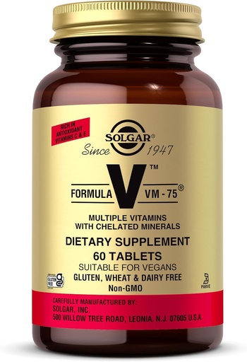 [BRSWIYYIC4AGK23U] Solgar Formel VM-75, 60 Tabletten - Multivitamin mit Chelatmineralien - Vitamin A, B6, B12, C, D, E - Biotin, Magnesium, Calcium, Eisen, Zink - Vegan, Glutenfrei, Dairy Free, Kosher - 60 Servierungen