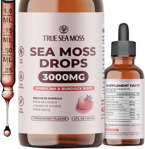 [BRSRA2YLDIMAIFLF] TrueSeaMoss Irish Sea Moss Drops - 5X mais forte do que Sea Moss Gel - 92+ Essentials Minerals - com espirulina em pó, Burdock Root & Black Cumin - 2 Fl Oz (60ml) - Morango sabor