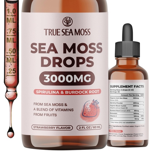 [BRSRA2YLDIMAIFLF] TrueSeaMoss Organic Irish Sea Moss Liquid Drops – Black Cumin Seed Oil, Spirulina, Burdock Root Extract, Vitamin C & Zinc – Strawberry Flavor – 30 Servings