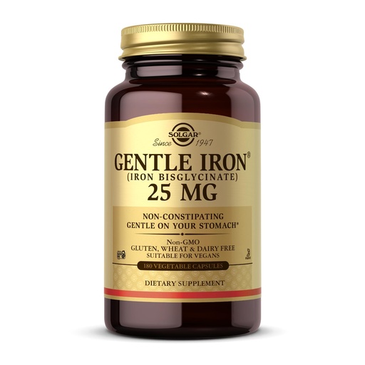 [BRSWIYTYOAJWICDM] Solgar Gentle Iron (Iron Bisglycinate) 25 mg - 180 Vegetable Capsules - Non-Constipating, Gentle on Your Stomach - Non-GMO, Gluten Free - 180 Servings