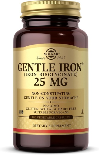 [BRSWIYTYOAJWICDM] Solgar Gentle Iron (Iron Bisglycinate) 25 mg - 180 Vegetable Capsules - Non-Constipating, Gentle on Your Stomach - Non-GMO, Gluten Free - 180 Servings