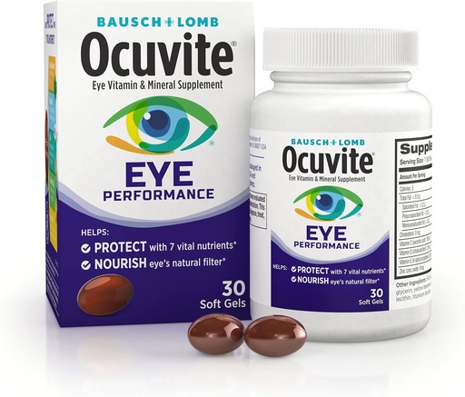 [BRSWGAIBBEHBS334] Ocuvite Eye Performance Вітамін & Мінеральні добавки, Lutein і Zeaxanthin добавки, Вітаміни C, D, E, цинк і Омега-3, Допомагає захистити очі від Сонця і Blue Light, 30 М'які гелі