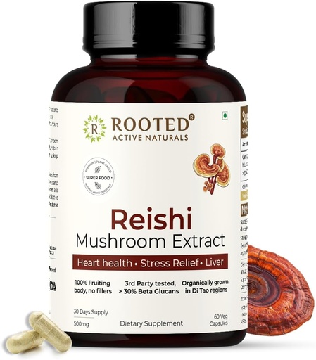 [BRSW2HQKCEFB4E3D] ROOTED Reishi Mushroom Extract Capsules (60 Veg Caps, 500 mg) | Heart Health, Stress Relief, Liver. USDA Organic, 30% Beta Glucans, Certified Organic