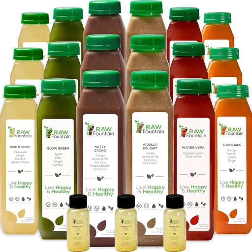 [BRSRM2QPOV6GAGQ3] 5 Day Protein Juice Cleanse by Raw Fountain, All Natural Raw Detox Cleanse, Cold Pressed Fruits, Vegetables, Vainilla y Chocolate Flavor, Tasty and Energizing, 30 Bottles 12oz, 3 Ginger Shots