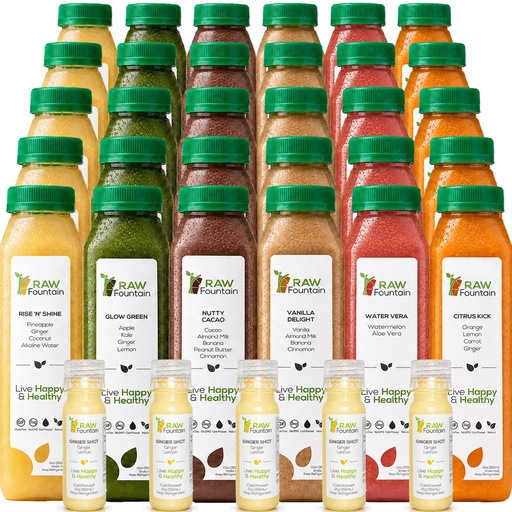 [BRSRM2QPOV6GAGQ3] 5 Day Protein Juice Cleanse by Raw Fountain, All Natural Raw Detox Cleanse, Cold Pressed Fruits, Vegetables, Vanilla and Chocolate Flavor, Kosher, Vegan, NO Sugar Added, 30 Bottles 12oz, 5 Ginger Shots