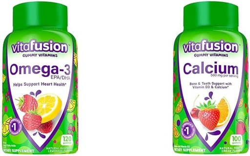 [BRSROBL3DEFQ4FLV] Vitafusion Omega-3 Gummy Vitamins, Berry Lemonade Flavored, Heart Health Vitamins(1) & Chewable Calcium Gummy Vitamins for Bone and Teeth Support, Fruit and Cream Flavored