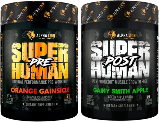 [BRSROHY6OF4BY2YY] ALPHA LION Superhuman Pre Workout Powder & Post Workout Recovery Bundle, Sustained Energy & Focus + Lean Muscle Growth, Strength & Volume (Hulk Juice & Gainy Smith Apple)