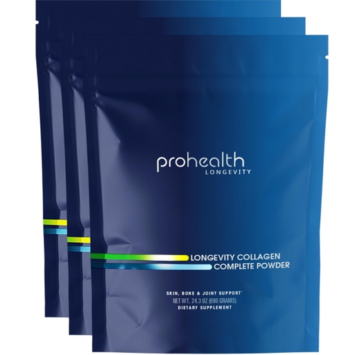[BRSRAAAEBF6Q4HTV] ProHealth Longevity Collagen Complete Powder - for People Over 40. 20g Multi Collagen. Hyaluronic Acid. for Joints, Bones, Hair, Skin, Muscles, Gut - 30 Servings - (3 Pack)