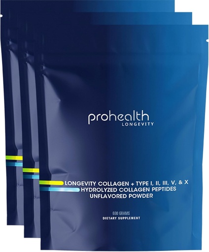 [BRSRAAAEBF6Q4HTV] ProHealth Longevity Collagen Peptides Powder - para personas mayores de 40. 20g Multi Collagen. 2g Pro-Collagen. Ácido hialurónico. Tipo I, II, III, V, X para Juntas, Huesos, Pelo, Piel, Musculos, Gut - (3 Pack)