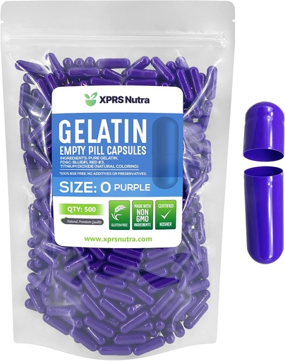[BRSWGCA6AEPAK2DA] XPRS Nutra Size 0 Capsule Vuote - 500 Conte Empty Gelatin Capsule - Pillole DIY Capsule Filling - Pure Bovine Pill Gel Caps per Do-It-Yourself Supplements (Purple)