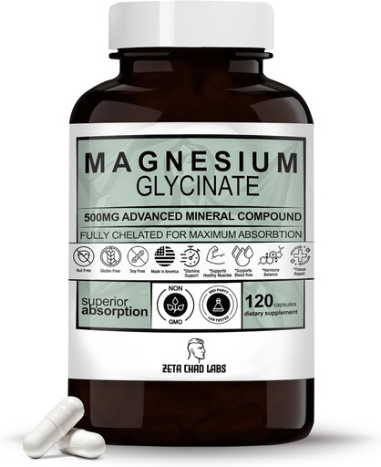 [BRSRAYD7BMIWM33A] Magnesium Glycinate - 500mg, 120 Capsules, 4 maanden levering, Ondersteunt stress verlichting, Slaap, Hart Gezondheid, Zenuwen, Spieren, Metabolisme* Veganist, 3rd Party Tested, Gluten Free, Non-GMO door Zeta Tsjaad Labs