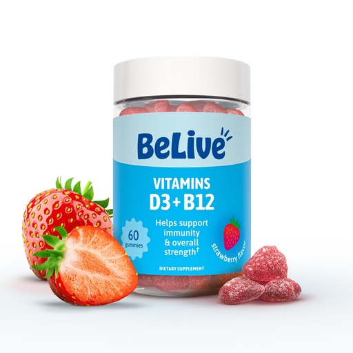 [BRSWYBIBOADQYF3K] BeLive Vitamin D3 Gummies with B12 Vitamins - 60 Ct I Immune Support Gummies with Vegan Vitamin B12 & D3, Provides Enhanced Bone & Muscle Strength, Hearth Health and Energy - Strawberry Flavor