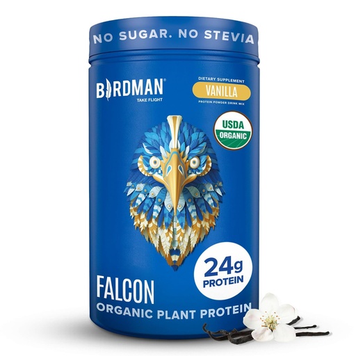 [BRSW2CACBABGC23H] BIRDMAN Falcon Organic Vegan Protein Powder Vanilla, 24g Protein, Sugar Free, Probiotics, Low Carb, Keto Friendly, Dairy Free, Lactose Free, Non Whey, Plant Based Pea Protein Powder - 18 Servings