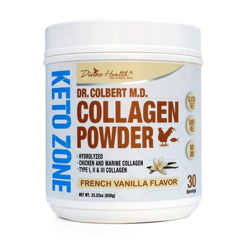[BRSWGALRAV6QYALF] Dr. Colbert, MD Hydrolyzed Collagen Powder | Vanilla Flavor | by Divine Health | Type I, II, III Chicken & Marine Collagen | Keto Zone | Support Hair, Skin, Nails & Joints | 630g | 30 Servings