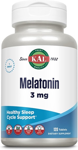 [BRSWIYT3OMAQGH3I] KAL Μελατονίνη 3mg Sleep Aid, Δισκία ταχείας διάλυσης μελατονίνης, Χαλαρωτική χαλάρωση και υγιής υποστήριξη κύκλου ύπνου, με προστιθέμενη βιταμίνη Β6, Vegan, Χωρίς γλουτένη, Μη ΓΤΟ, 120 μερίδες, 120 ActivTabs