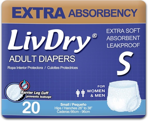 [BRSWGFAKDIPWYYAY] Ropa interior de incontinencia de adultos de LivDry, pañales de adultos de absorbilidad extra, protección de leak, pequeño, 20-pack