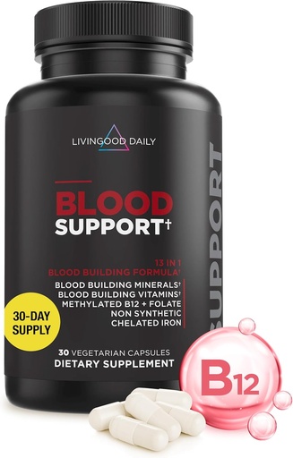 [BRSROBL4CUMAY2A6] Livingood Suplemento diário de ferro para mulheres e homens, Fórmula de suporte de sangue com ferro quelatado, B12 metilado, Vitamina C, Zinco e Folato, Vegan, Não OGM, Glúten livre, Alergénio livre, 30 Cápsulas