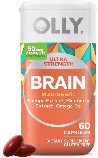 [BRSRM2YTBYPRMDL4] OLLY Ultra Strength Brain Softgels, Nootropic, soporta la función sana del cerebro, memoria, foco y concentración, Omega-3, vitaminas B6 y B12, 30 Day Supply - 60 Cuenta