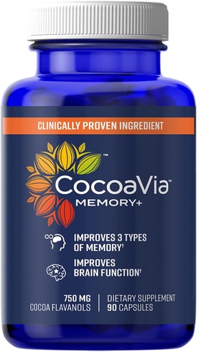 [BRSWYFQFCJ7WGA3B] CocoaVia Memory+ Brain Supplement, klinisk bevist minne og hjerne Booster, Plant Basert Supplement, sukkerfri, Glutenfri, Vegan, 750 mg Cocoa Flavanols Kapsler, 30 dagers forsyning