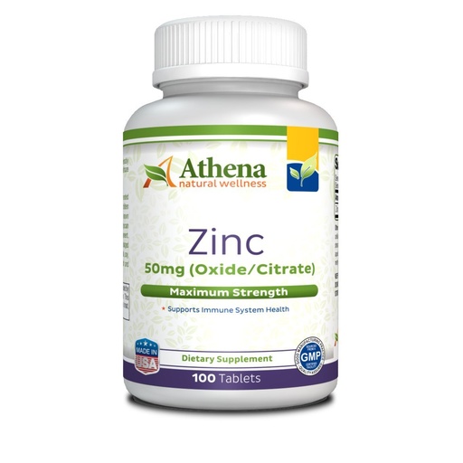 [BRSWKHQQPIFBAEQ5] Athena - Zinc Supplement Tablets 50mg - Oxide/Citrate - 100 Coated Tablets