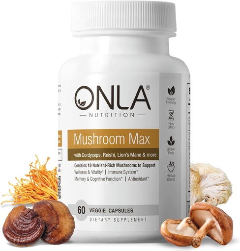[BRSROAT5CQFGMDLU] ONLA Vegan Mushroom Supplement - 10-in-1 Lions Mane Mushroom, Reishi Mushroom, Cordyceps, Shiitake - Mushroom Capsules for Immune System, Natural Brain Supplements for Memory and Focus (60 Cap)