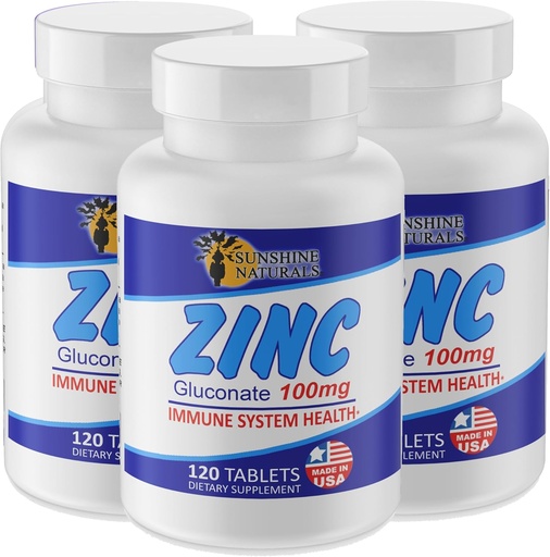 [BRSROA3RC5YGEC32] Sunshine Naturals Zinc Gluconate Mineral Supplement – Supports Immune System, Promotes Wound Healing, Improves Skin Health, Provides Antioxidant Defense – 100mg, 120 Tablets, High Potency