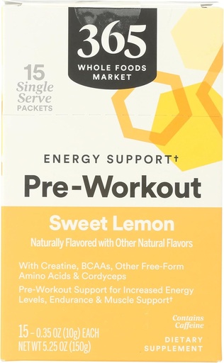[BRSWGBIKOQBQI2Y4] 365 από το Whole Foods Market, Προ-Engage Energy Support με καφεΐνη, Single-Serve Packets, Γλυκό λεμόνι, 15 Count