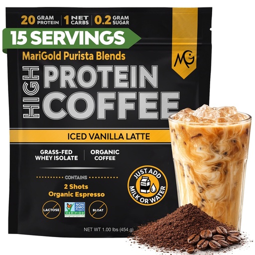 [BRSW2ZD7OIDWEYDH] MariGold High Protein Coffee - Iced Vanilla Latte, 20g Grass-Fed Whey Protein Isolate, Energy & Workout Boost, 2 Shots Organic Espresso, Non-GMO, 1 Net Carb, 1 Lb Bag, 15 Servings