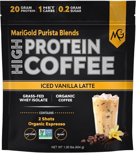 [BRSW2ZD7OIDWEYDH] MariGold High protein Kahve - Buzlu Vanilla Latte, 20g Grass-Fed Whey Protein Isolate, Enerji & Workout Boost, 2 Shots Organik Espresso, Non-GMO, 1 Net Carb, 1 Lb Bag, 15 Hizmet