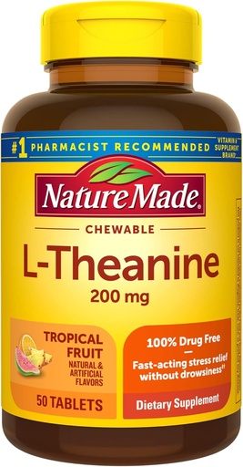 [BRSRMCT6BMMWEH3P] Nature Made Chewable L Theanine 200mg, L-Theanine Doplnok pre úľavu od stresu, 50 Žuvacie tablety, 50 dní