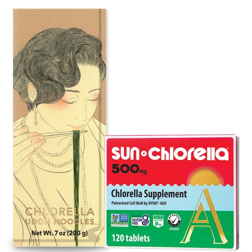 [BRSRMFQKCIORE33U] Sun Chlorella Green Goodness Bundle - 500mg Superfood, Non-GMO 120 Tablets + Udon Noodles Chlorella, Ready to Cook, Vegan, Vegetarian 7.8 oz (4 Servings)