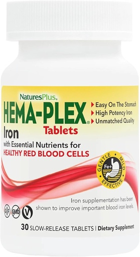 [BRSWIGT6BEMAKA3G] NaturesPlus Hema-Plex Iron - 30 Slow-Release Tablets - 85 mg Chelated Iron - Total Blood Health - with Vitamin C & Bioflavonoids - Non GMO, Vegetarian & Gluten Free - 30 Servings