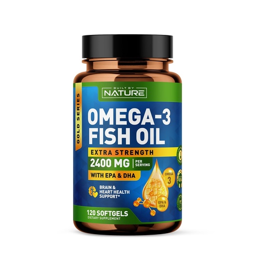 [BRSRAFQPOUJWO336] Built by Nature Omega 3 Fish Oil Soft Gels - 2400 mg Fish Oil, 1440 mg Omega 3, 864 mg EPA, 576 mg DHA - Extra Strength Brain & Heart Health Support Supplement - 120 Softgels