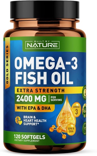 [BRSRAFQPOUJWO336] Ehitatud Nature Omega 3 kalaõli pehmed geelid - 2400 mg kalaõli, 1440 mg Omega 3, 864 mg EPA, 576 mg DHA - ekstra tugevus aju ja südame tervise toetamise täiendus - 120 Softgels