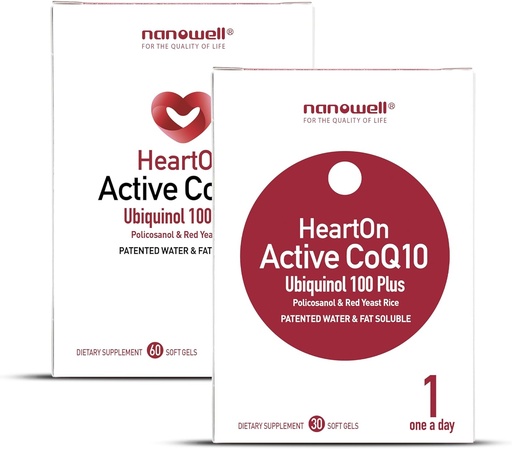 [BRSRAHQ3CEIBSEI4] NANOWELL HeartOn Active CoQ10 Kaneka Ubiquinol 100 Plus Supplément santé cardiaque - 30 Softgels X 1 Boîte pendant 1 mois (30 Compte)