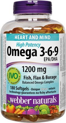 [BRSWKHDQBVYBMD3H] Webber Naturals Omega 3-6-9 High Potency 1200 mg · Fish, Flax & Borage, 180 softgels