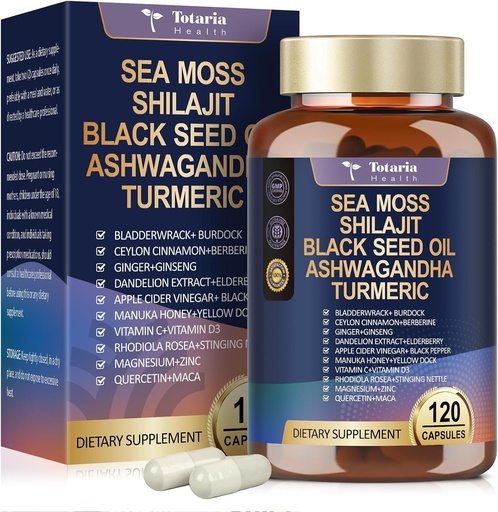 [BRSROCAFB4CA42TD] 25 in-1 Sea Moss Black Seed Oil Ashwagandha Ginger Shilajit Supplement, Sea Moss Capsules Pro с Bladder Burdock Ceylon Cinnamon Berberine ACV Manuka VIT C & D3 для мужчин-женщин, 120 веганских капсул