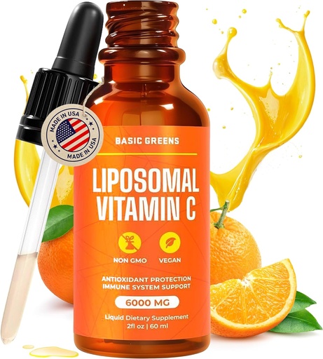 [BRSRAGAHOIPBMCL2] Vitamine Liposomique C Liquide 6000mg – Supplément liquide haute absorption C pour le soutien immunitaire, antioxydant et santé de la peau – Non-OGM, végétalien, formule douce – 2 fl oz