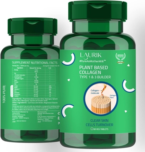 [BRSRMCABBAIRG3DJ] laurik Plant Based Collagen Type 1 & 3 Builder for Men and Women, Collagen Tablets for Skin Radiance and Elasticity - 60 Tablets Green