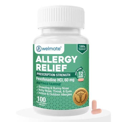 [BRSWYFT7DN4AAYL4] WELMATE - Fexofenadine Hydrochloride 60mg (100 Tablets) - Non Drowsy Allergy Medicine - 12 Hours - Antihistamine - Nose, Eyes, Throat - Generic Allergy Pills - Gluten Free, Over-the-Counter Medication