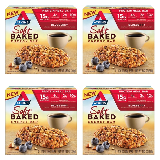 [BRSRMC32BUCWEFY6] Atkins Blueberry Flavored Soft Baked Energy Bars, High in Protein Snack Bar, Low Sugar, High Fiber Snack, Protein Snack, 4 Packs (4 Bars Each)