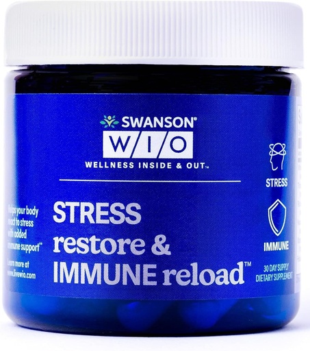 [BRSRMZLROABBM3QV] Swanson WIO Restress Restore & Immune Reload Stress Support, Immune Defense, Witaminy B, Witamina C, Biotin, PABA, Wellness, Immune Health - 4 Oz Butelka, 30 Kapsułki (30- Day Supply)