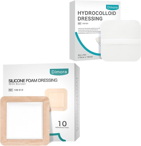 [BRSRMCT2CJ6RQA36] Dimora Hydrocolloid Wound Dressing10 Pack 0.3mm + Silicone Foam Dressing with Border Adhesive 6"x6" 10 Pack