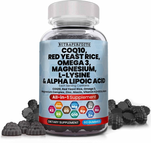 [BRSRAFAKBZ6RYD3Z] L-Lysine Coq10 Alpha Lipoic Acid Gummies Red Yeast Rice Magnesium Gummy for Adults and Kids - Amino Acid Supplements Omega 3 Niacin Zinc Vitamin K2 D3 B3 - Vitamins for Women and Men - 60 Gummy Bears