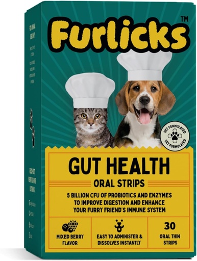 [BRSRMAQQPN7WGHQZ] Furlicks Gut Health Supplement for Dogs & Cats | Probiotics, Protease, Lipase for Improved Digestion, Enhanced Immunity, Healthy Gut Flora & Diarrhea & Bowel Support (30 Oral Dissolving Strips)
