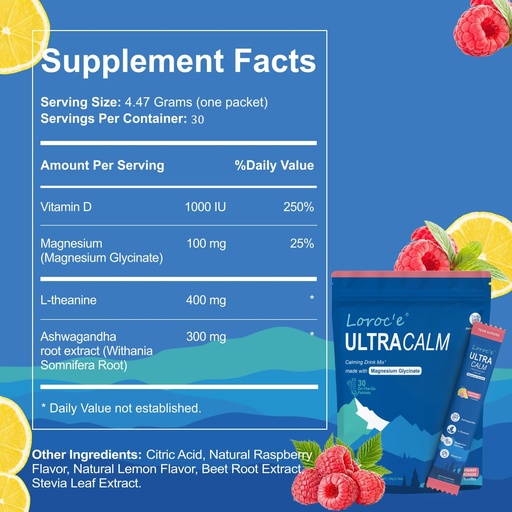 [BRSRAAIOCEPQMELB] UltraCalm Super Cortisol Drink, Calm Magnesium Glycinate Powder (30 Servings), L-theanine, Ashwagandha, Vitamin D, No Sugar, Raspberry Lemonade Electrolytes Powder-1